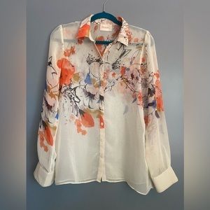 Moon Ladies Sheer Floral Dressy Blouse Off White‎ Size XS/S SEE MEASUREMENTS